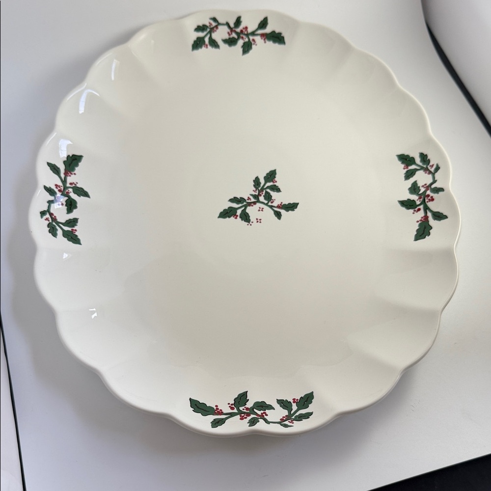 Threshold White Scalloped Serving platter with Green & Red Holly